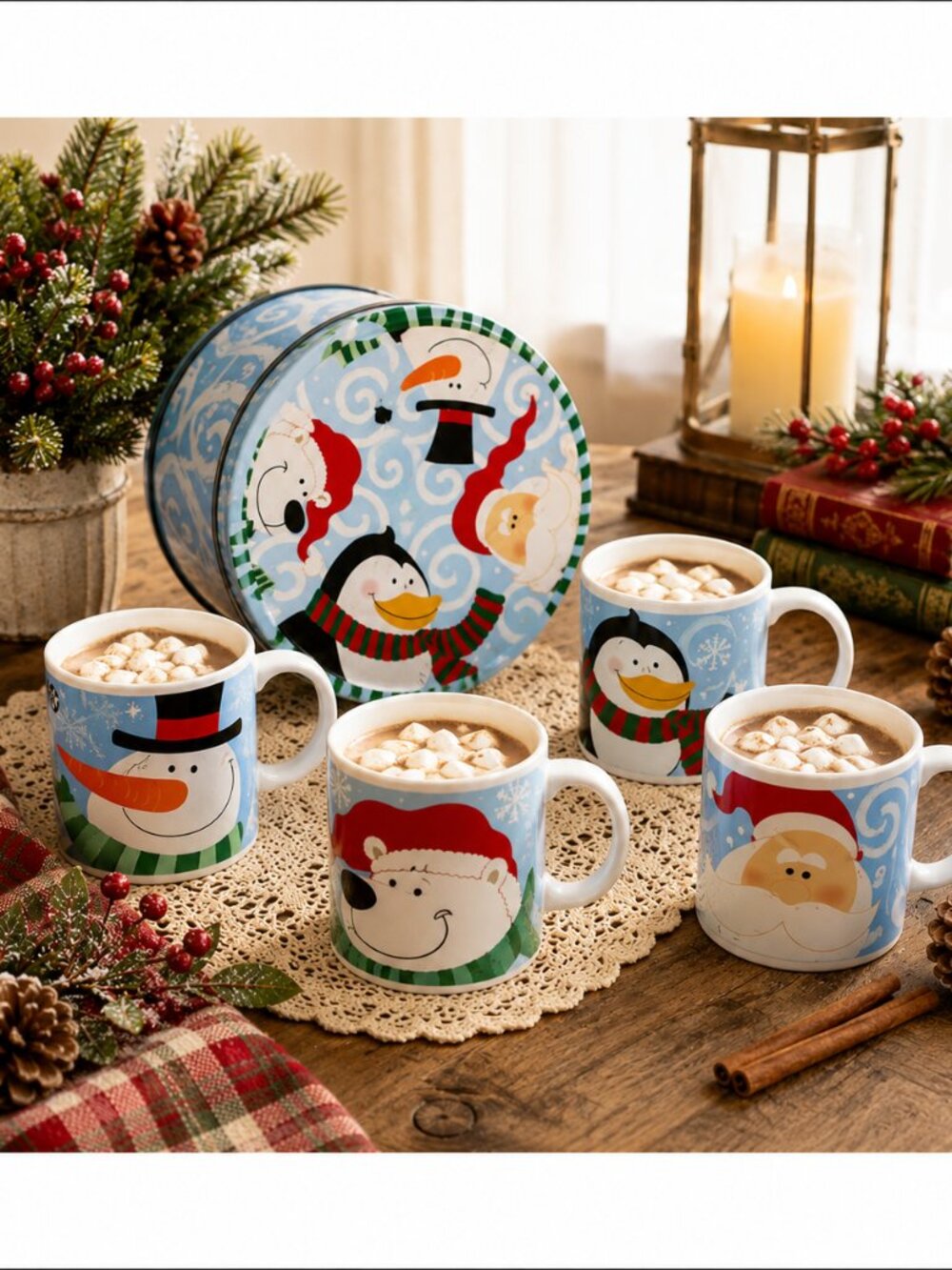 Vintage Winter Wonderland Christmas Mugs Set of 4 w/ Original Decorative Tin